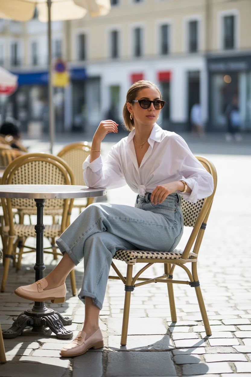 May outfits ideas 2026 Cafe Chic with White Shirt and Loose Denim