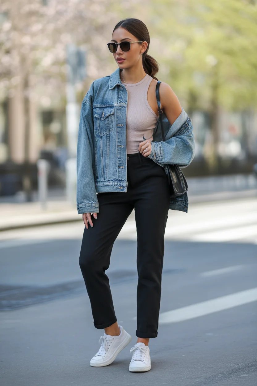 May outfits ideas 2026 Denim Jacket and Black Trousers Street Formula