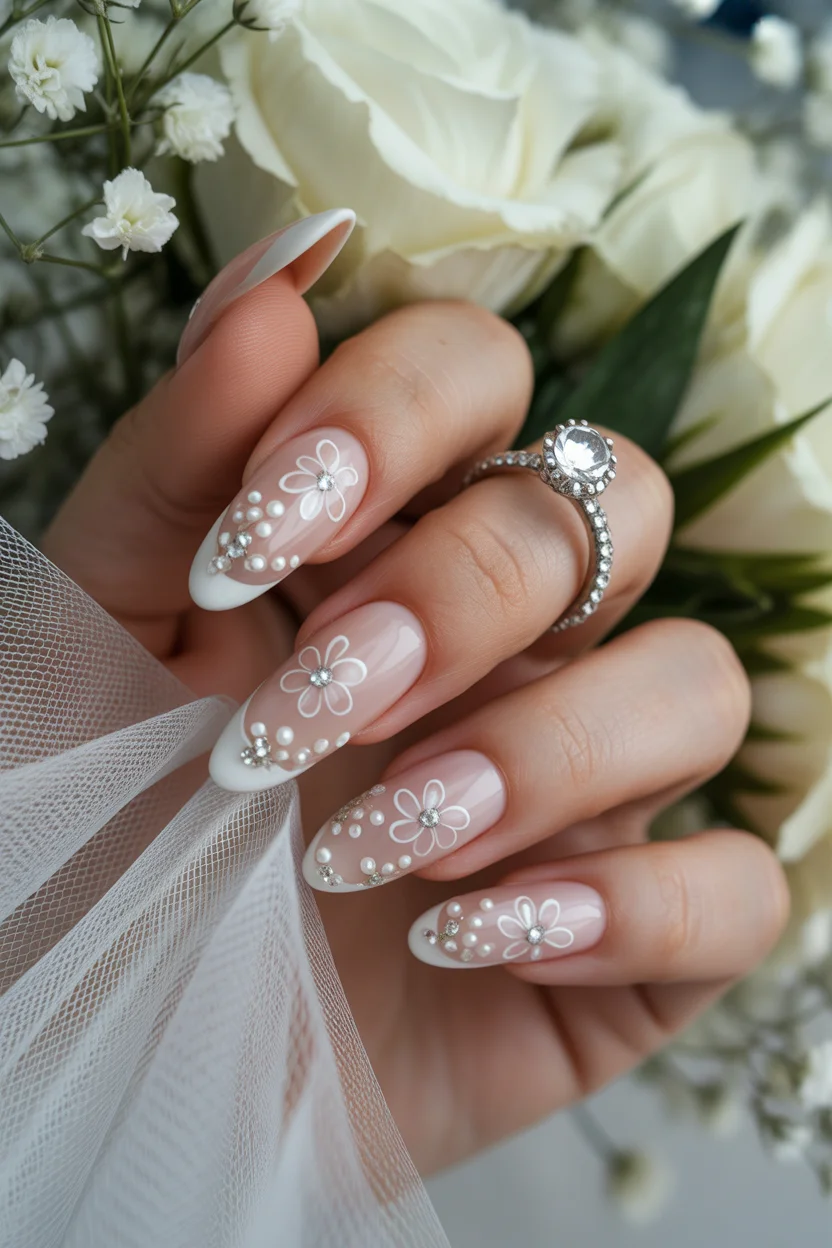 modern spring wedding nails 2026 elegant pearl floral almond nails for a romantic bride