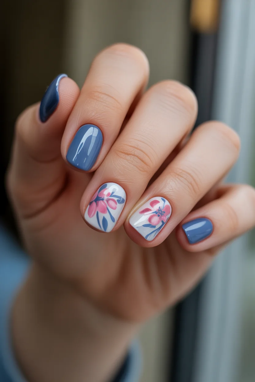 modern spring wedding nails 2026 dusty blue floral short manicure 12