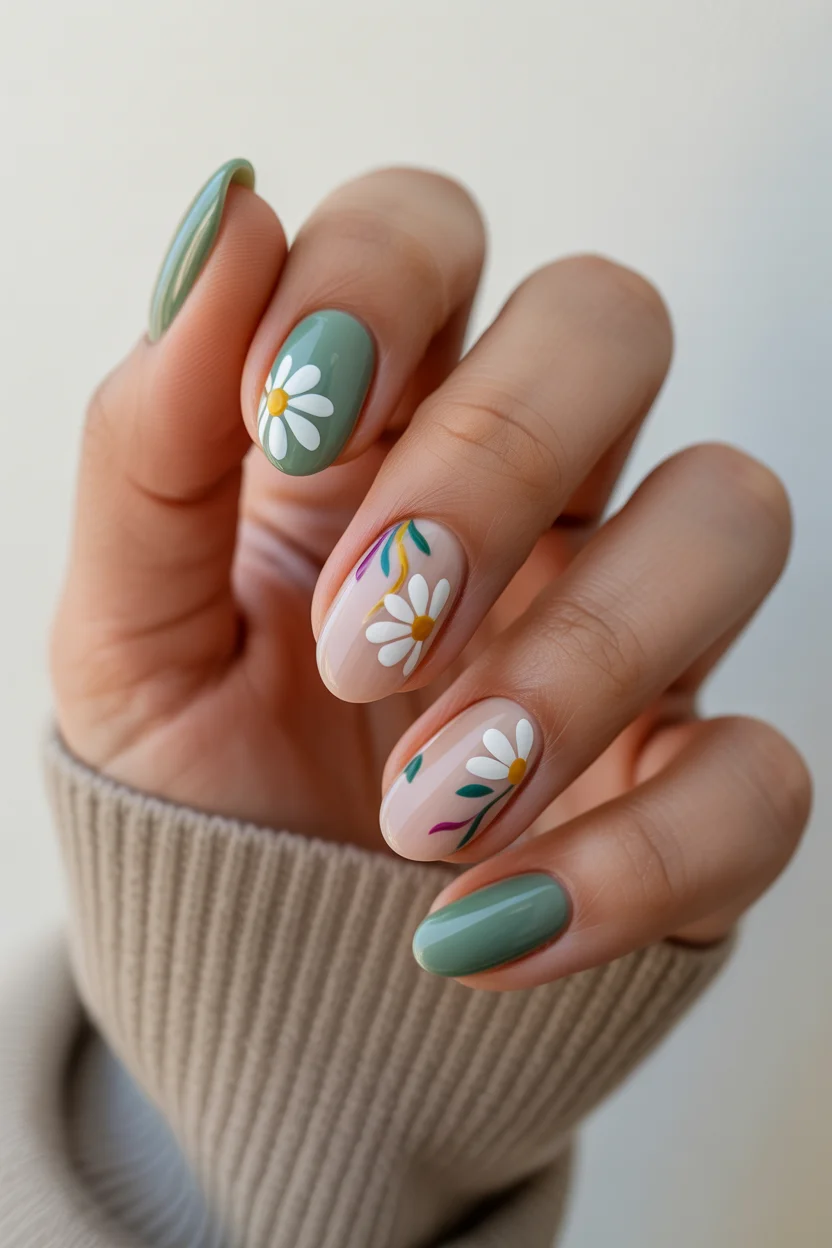 modern spring wedding nails 2026 green daisy spring manicure 13