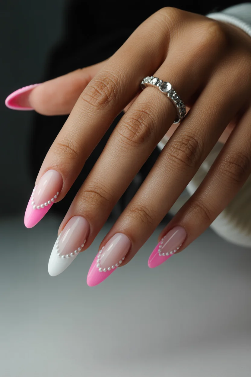 modern spring wedding nails 2026 pink white pearl almond bride nails 17