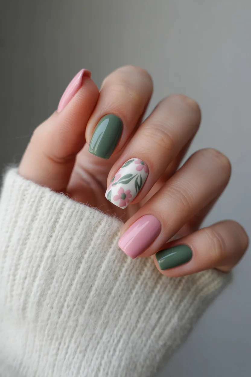 modern spring wedding nails 2026 green pink floral short nails 18