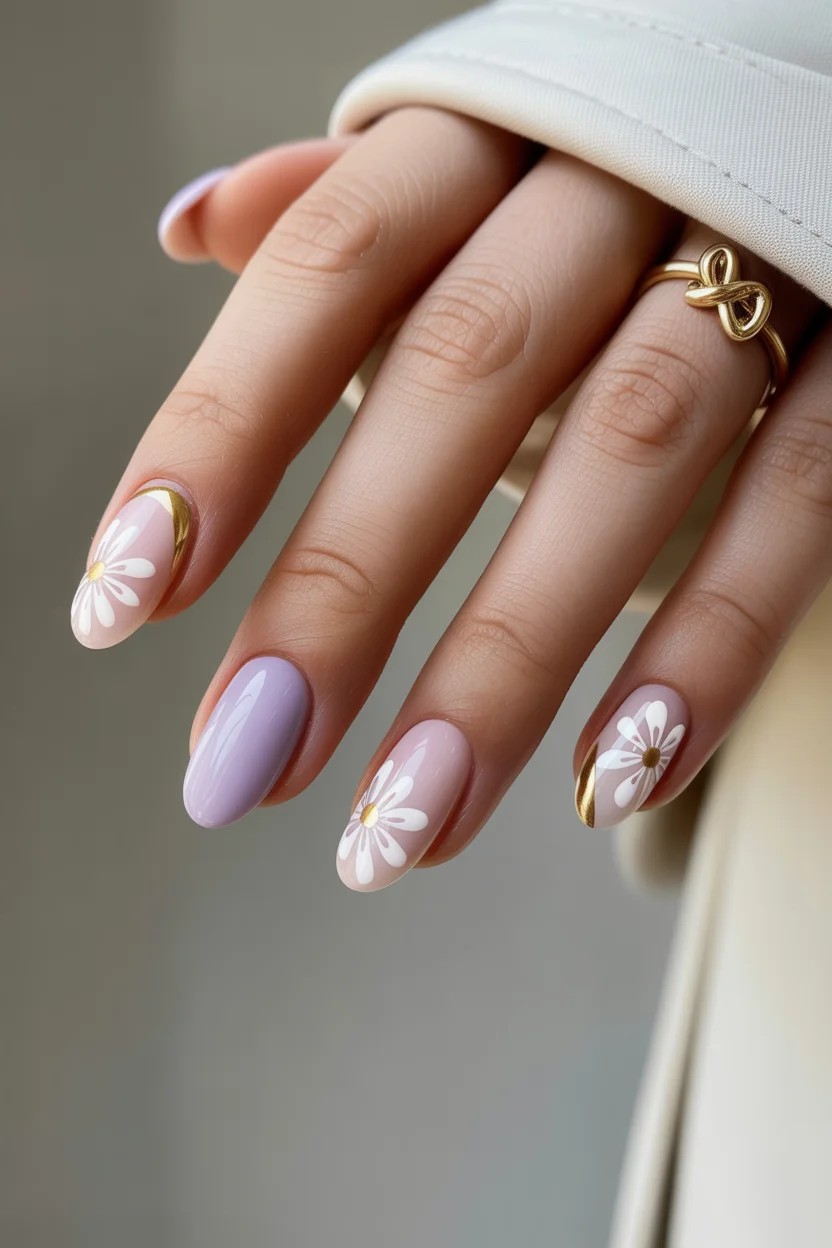 modern spring wedding nails 2026 lavender daisy gold nails 19
