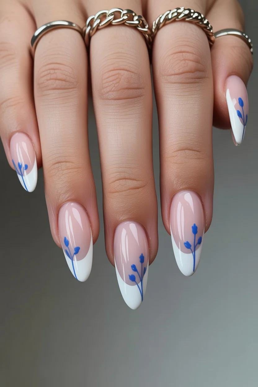 modern spring wedding nails 2026 blue botanical french nails 20