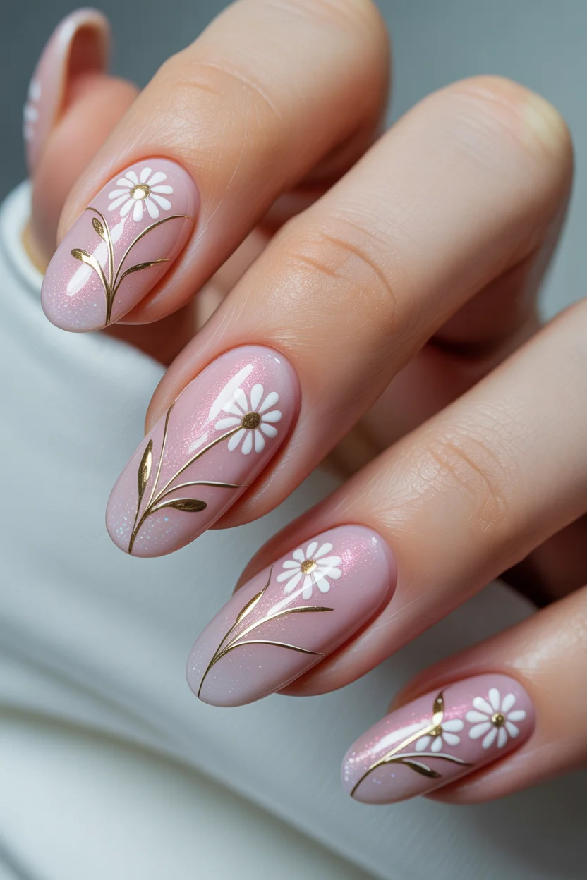 modern spring wedding nails 2026 delicate pink shimmer daisies with gold accents