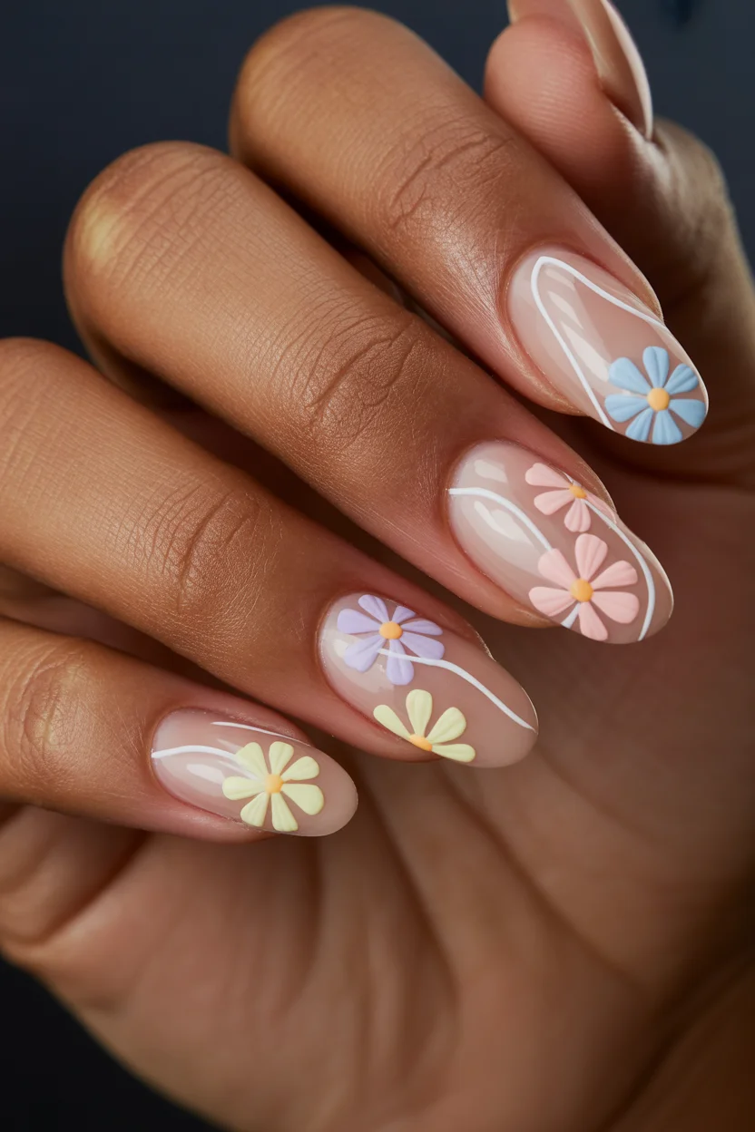modern spring wedding nails 2026 playful pastel daisy nail art for a fresh spring wedding look