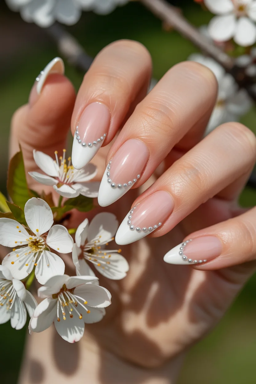 modern spring wedding nails 2026 minimalist pearl lined almond tips for a modern bride