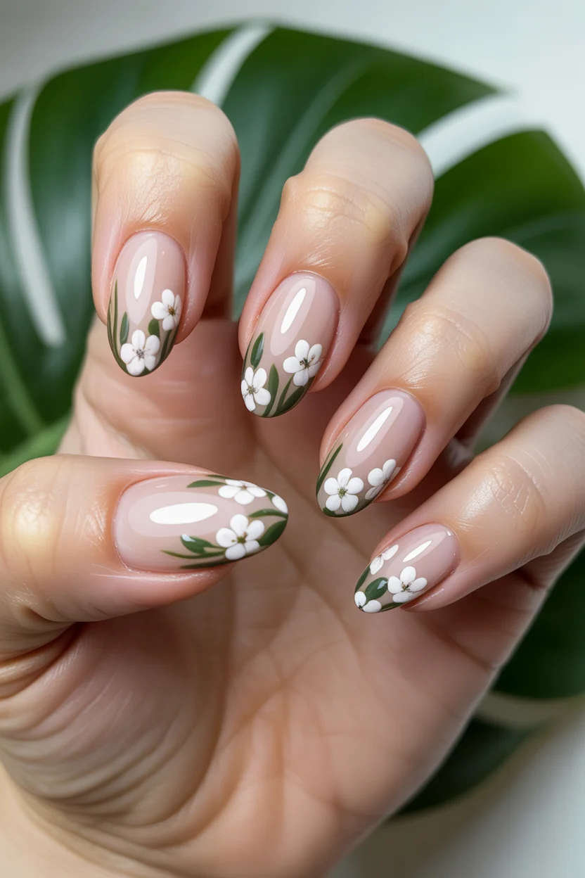 modern spring wedding nails 2026 green floral almond nails 7