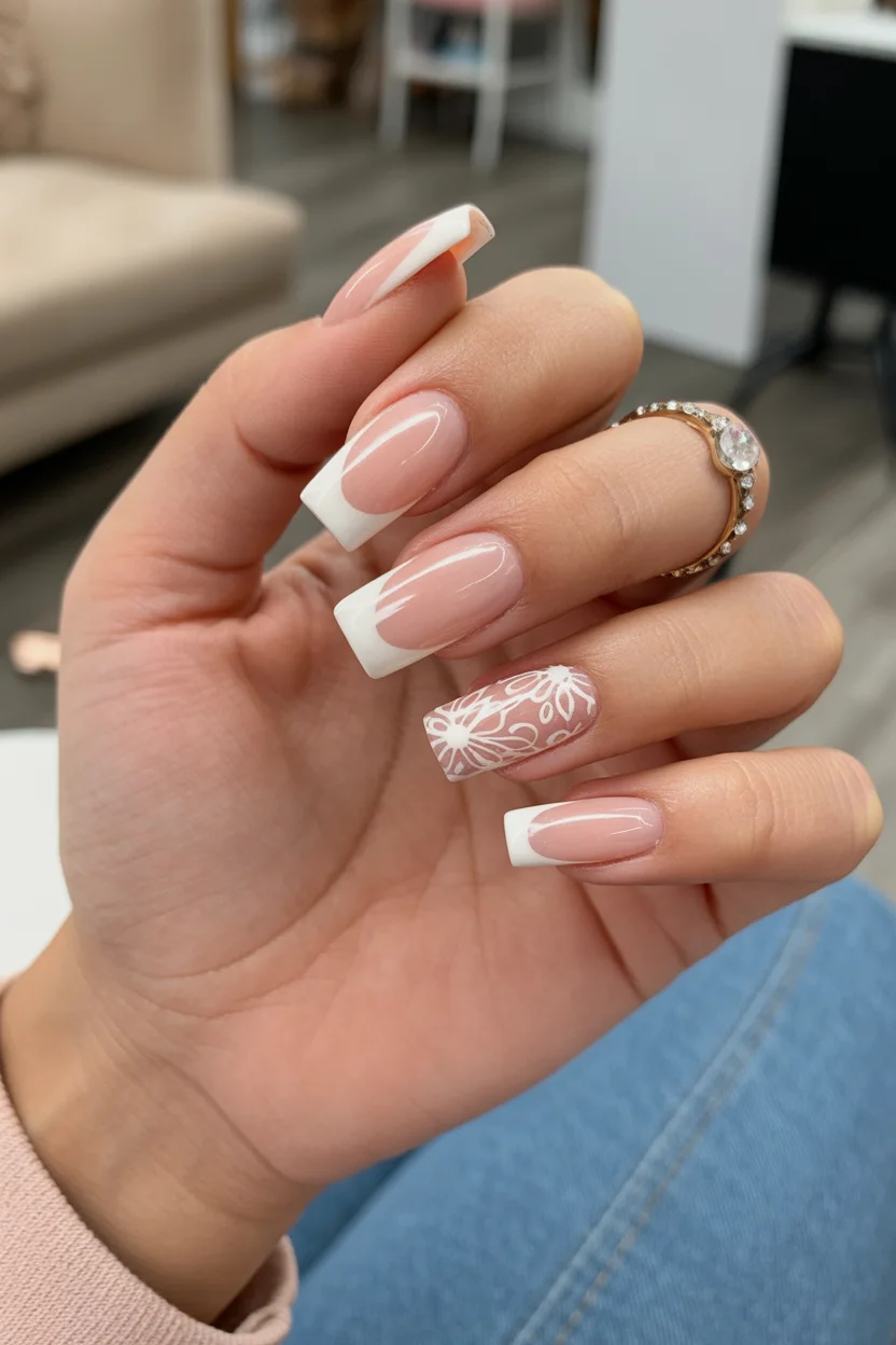 modern spring wedding nails 2026 classic french square lace art 9