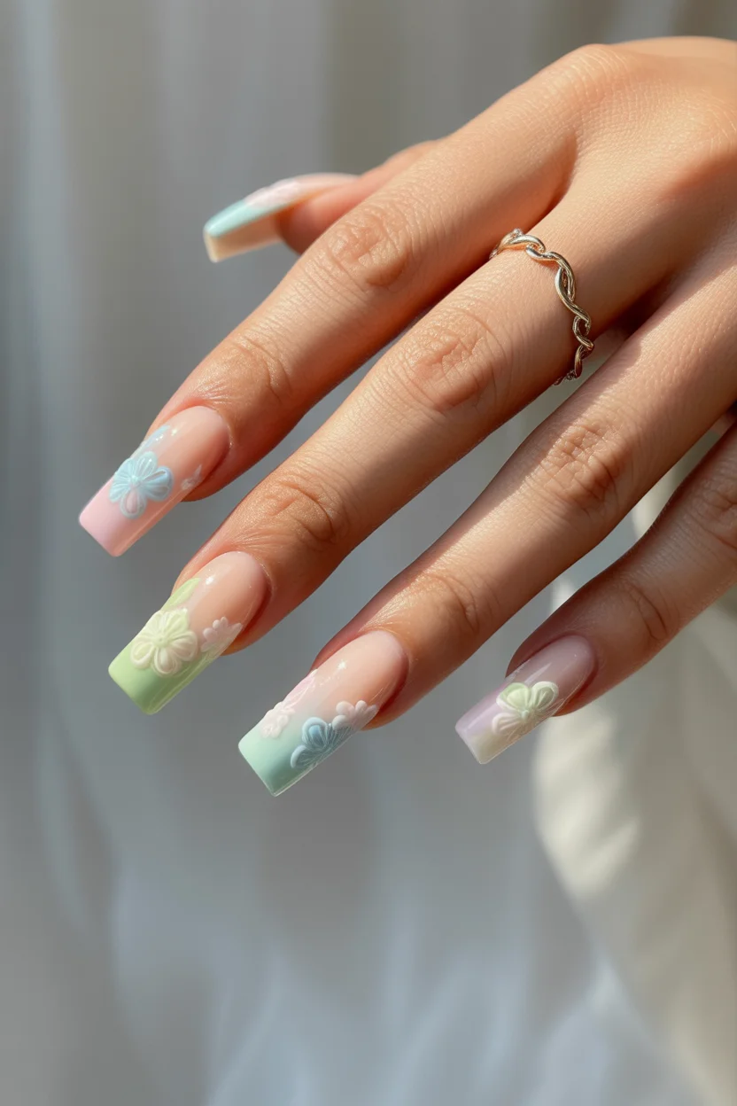 best spring nails square ideas 2026 pastel french with 3d floral accents