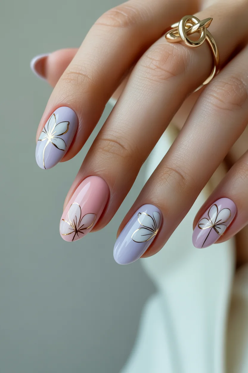 elegant spring floral nails 2026 gold lined petal elegance in 7