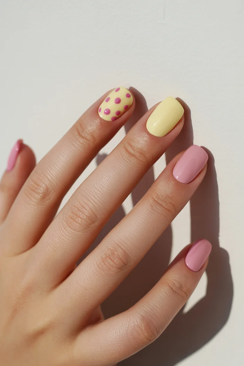 best spring nails square ideas 2026 soft pink and butter yellow short sweet mix