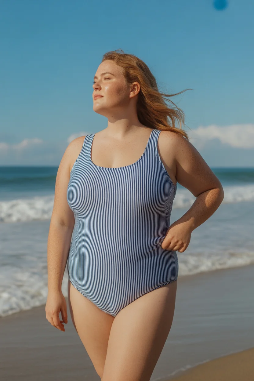 plus size swimsuit Summer 2026 Classic Blue and White Striped One Piece with Timeless Lines 10