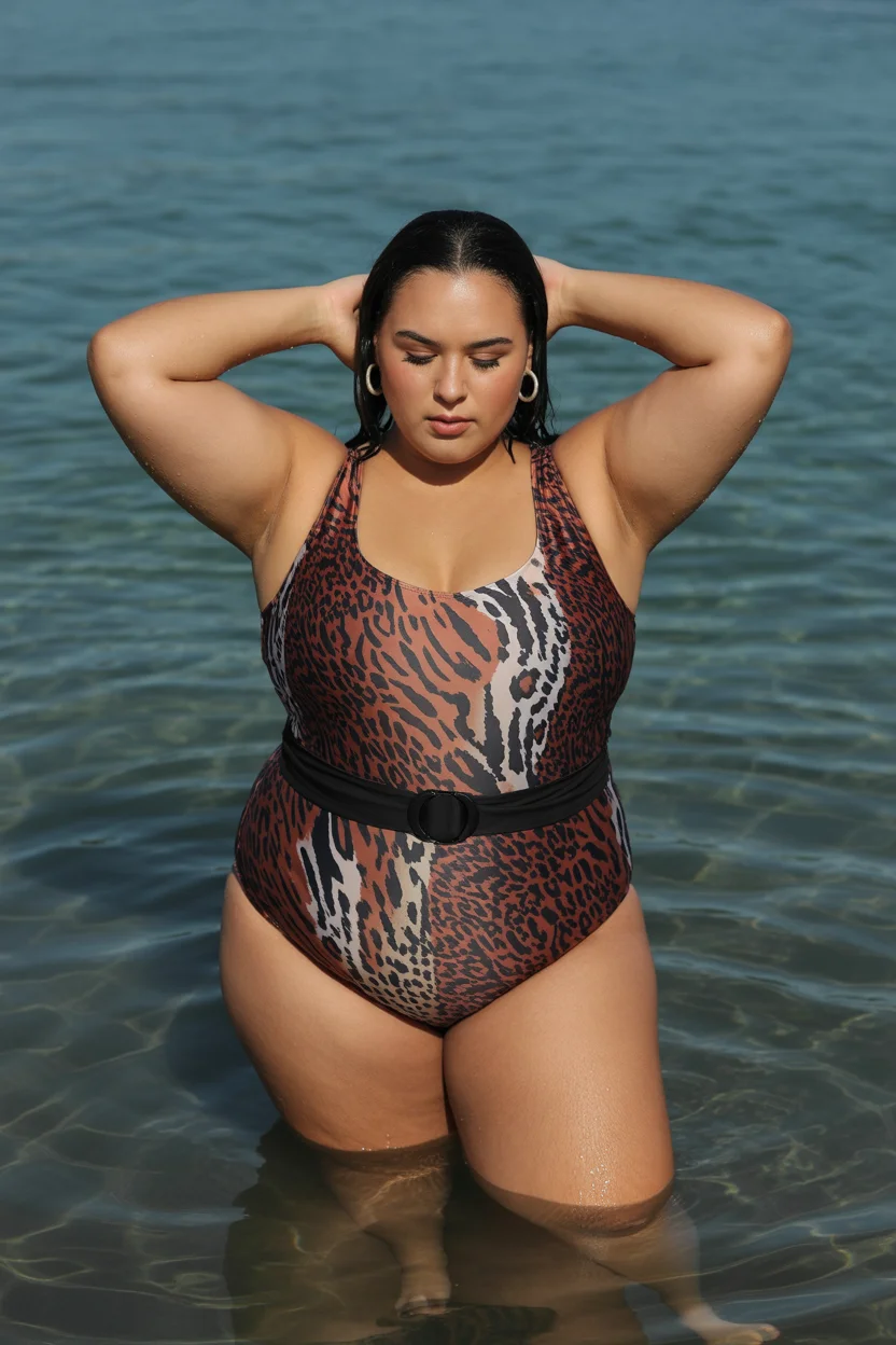 plus size swimsuit Summer 2026 Animal Print Belted One Piece with Strong Definition 18