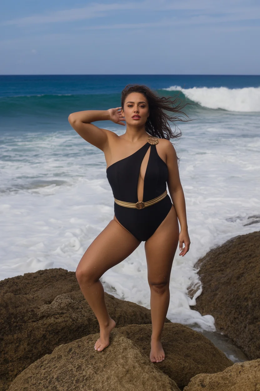 plus size swimsuit Summer 2026 Black One Shoulder Statement Suit with Gold Accents