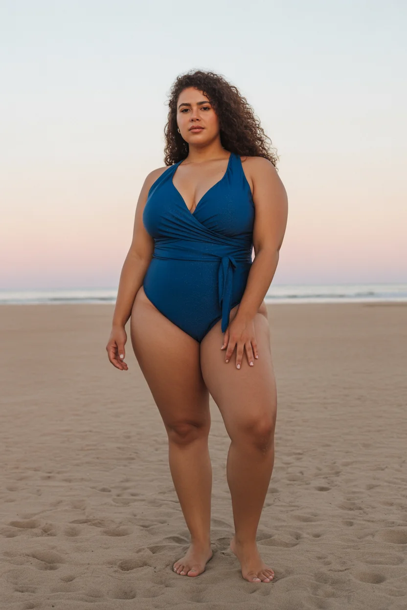plus size swimsuit Summer 2026 Deep Teal Wrap One Piece with Halter Elegance 7