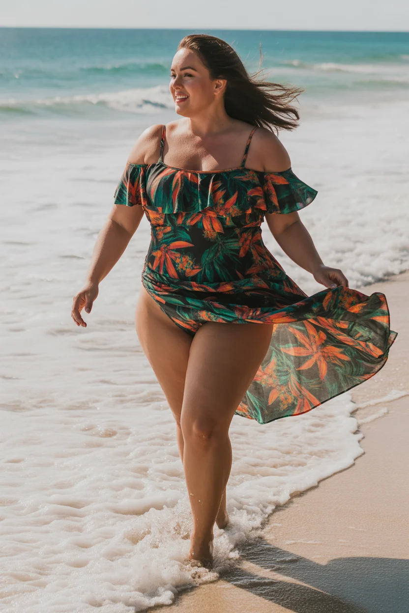 plus size swimsuit Summer 2026 Tropical Off Shoulder Swim Dress with Movement 9