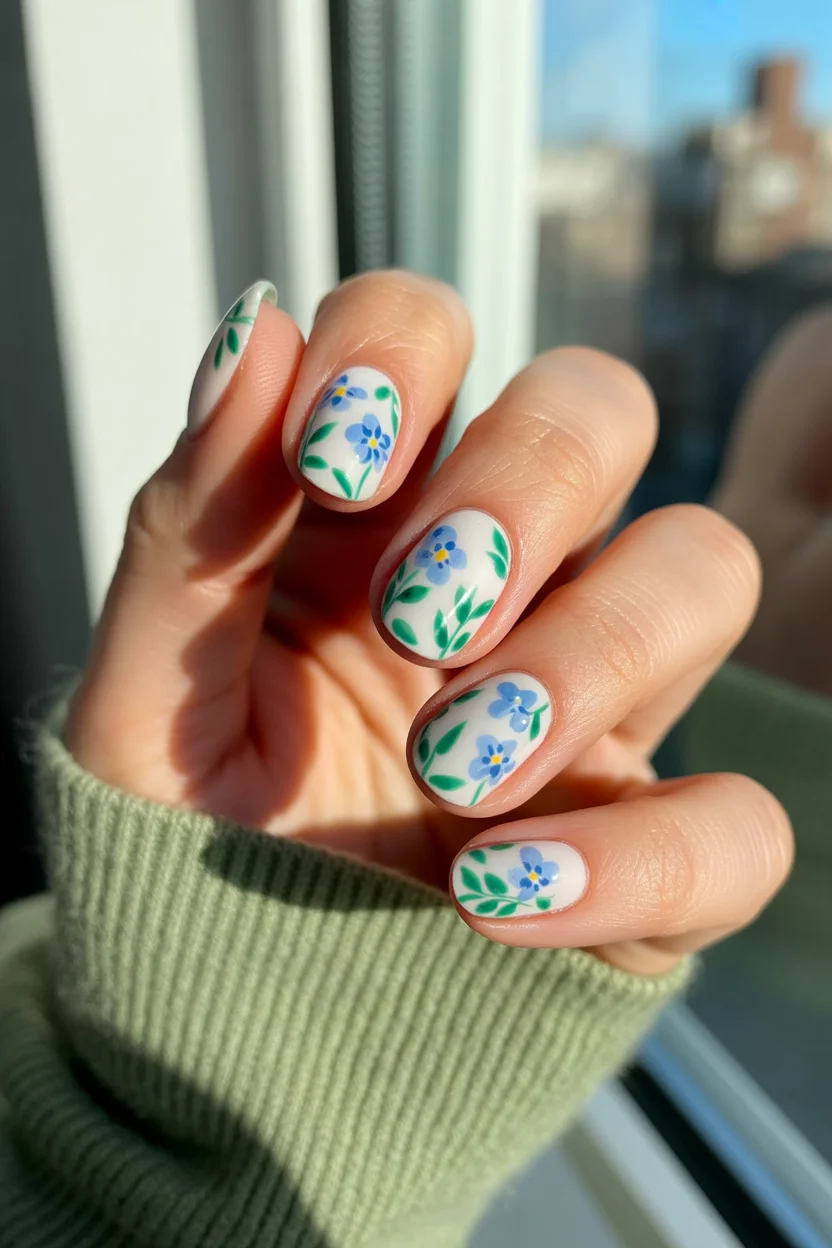 elegant spring floral nails 2026 blue blossom window light in 0