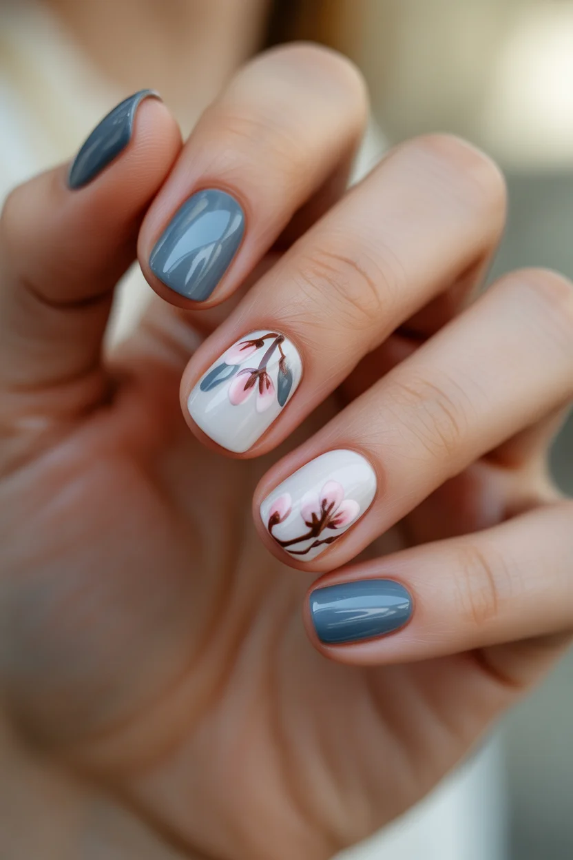 elegant spring floral nails 2026 dusty blue cherry bloom in 9