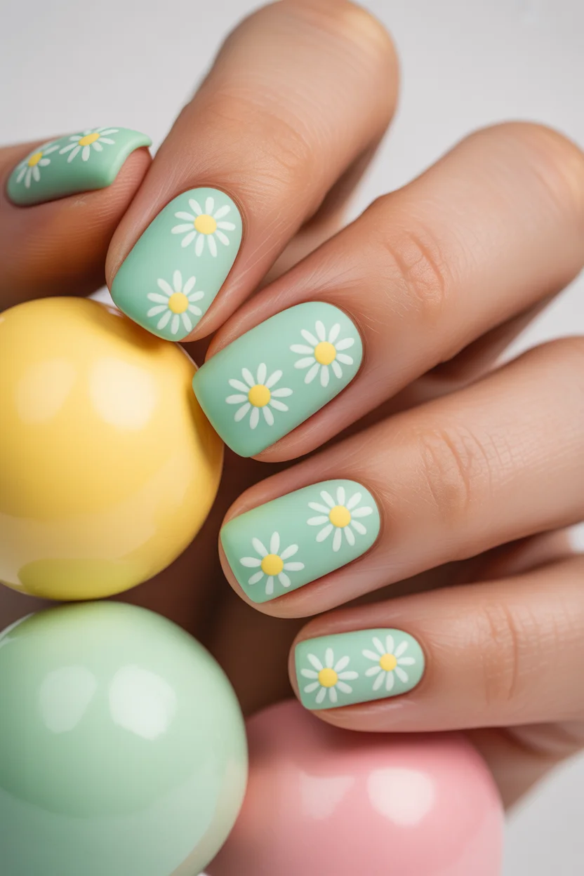 simple easy spring nail designs 2026 green daisy short nails