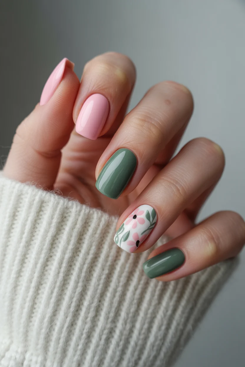 simple easy spring nail designs 2026 green daisy short nails