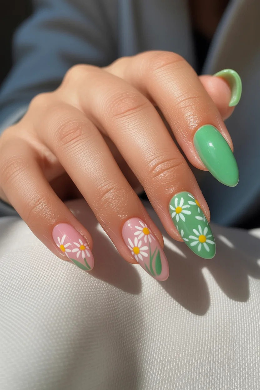 simple easy spring nail designs 2026 green daisy manicure
