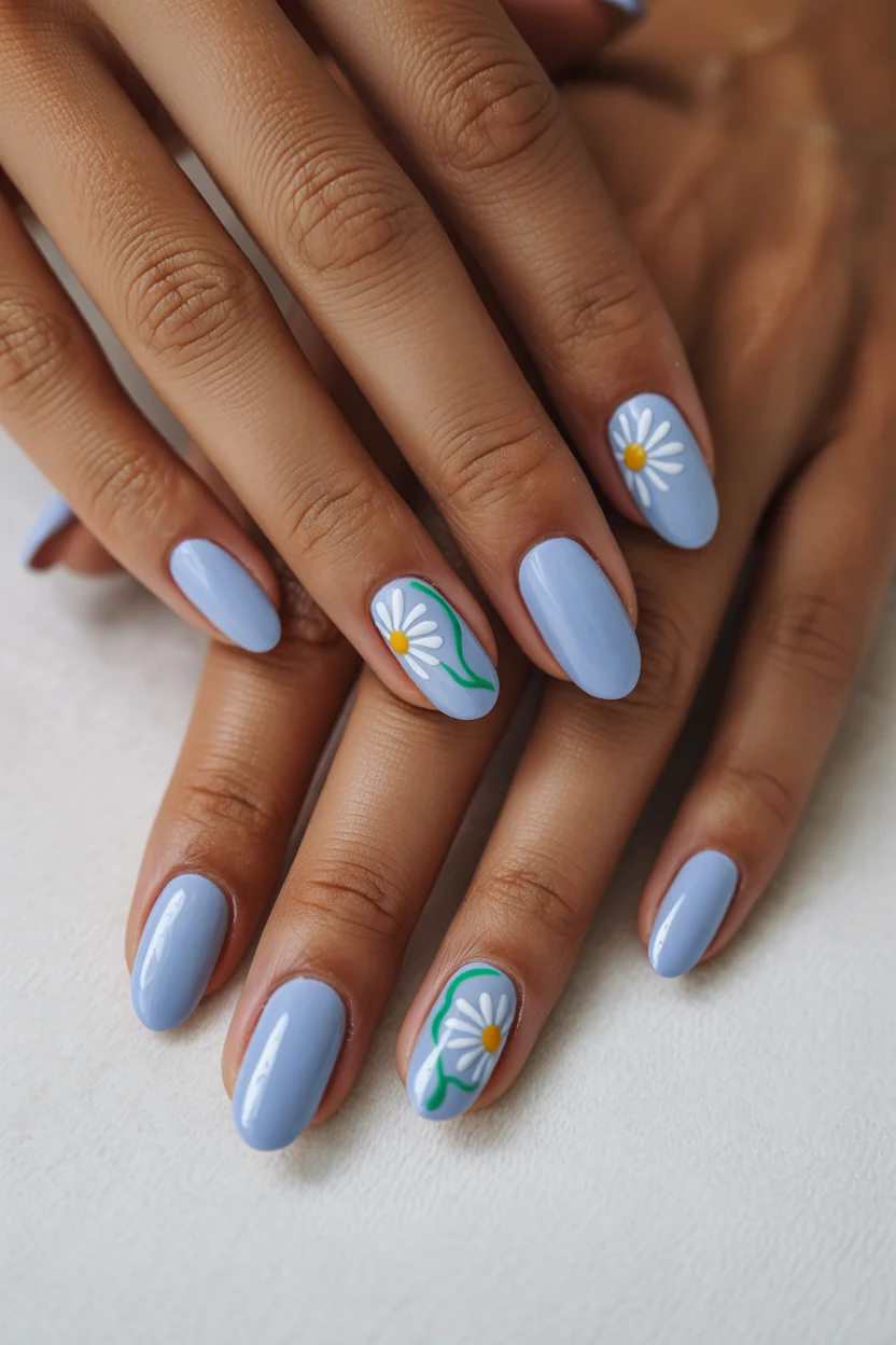 simple easy spring nail designs 2026 blue daisy manicure