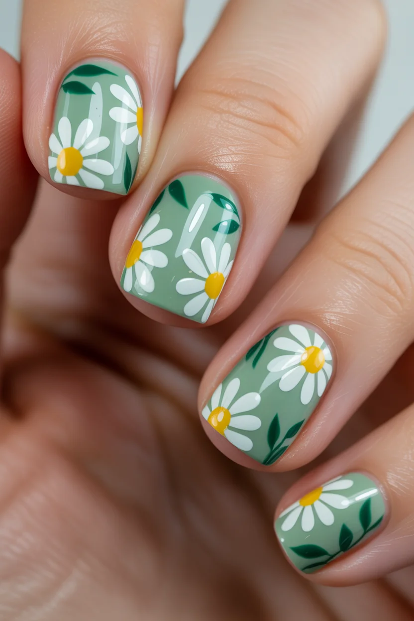 simple easy spring nail designs 2026 green daisy short nails