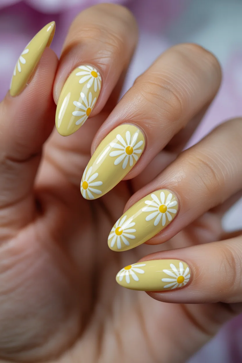 simple easy spring nail designs 2026 yellow daisy almond nails