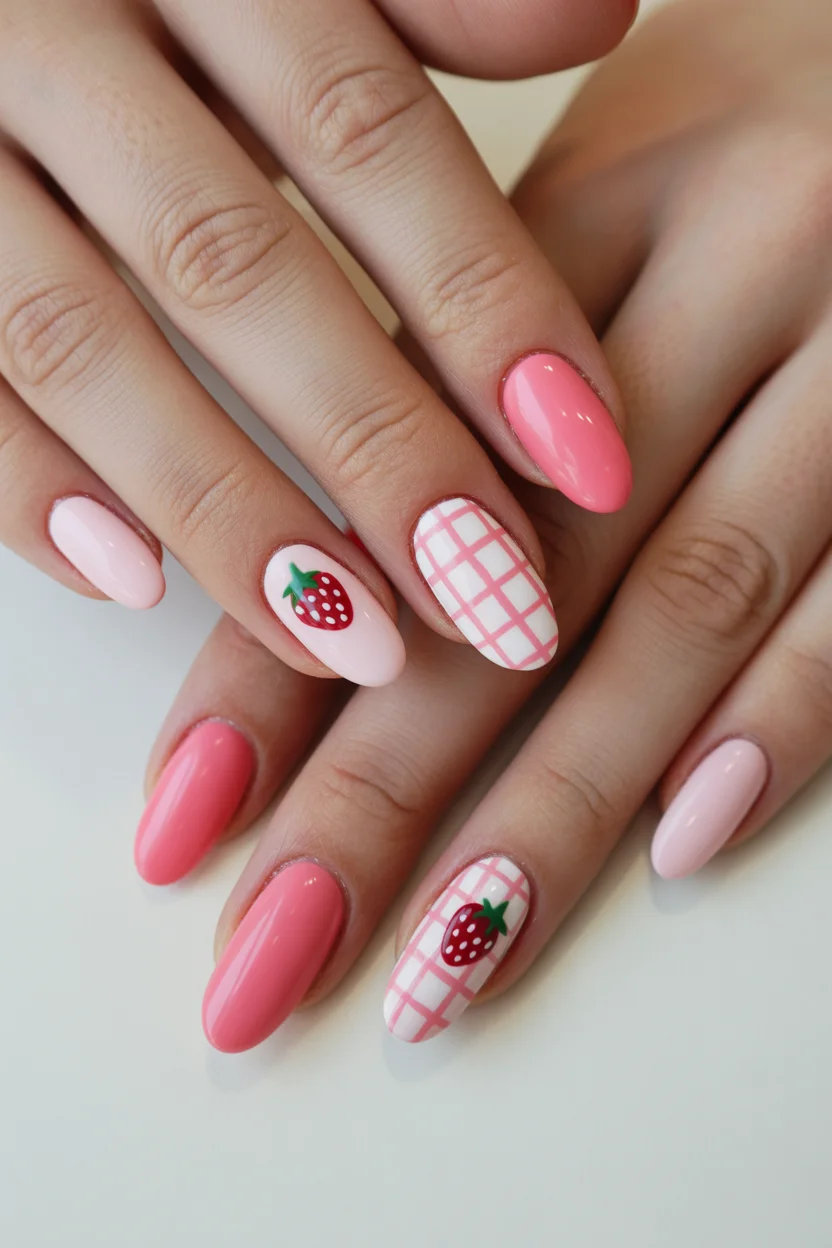 simple easy spring nail designs 2026 pink strawberry nail art