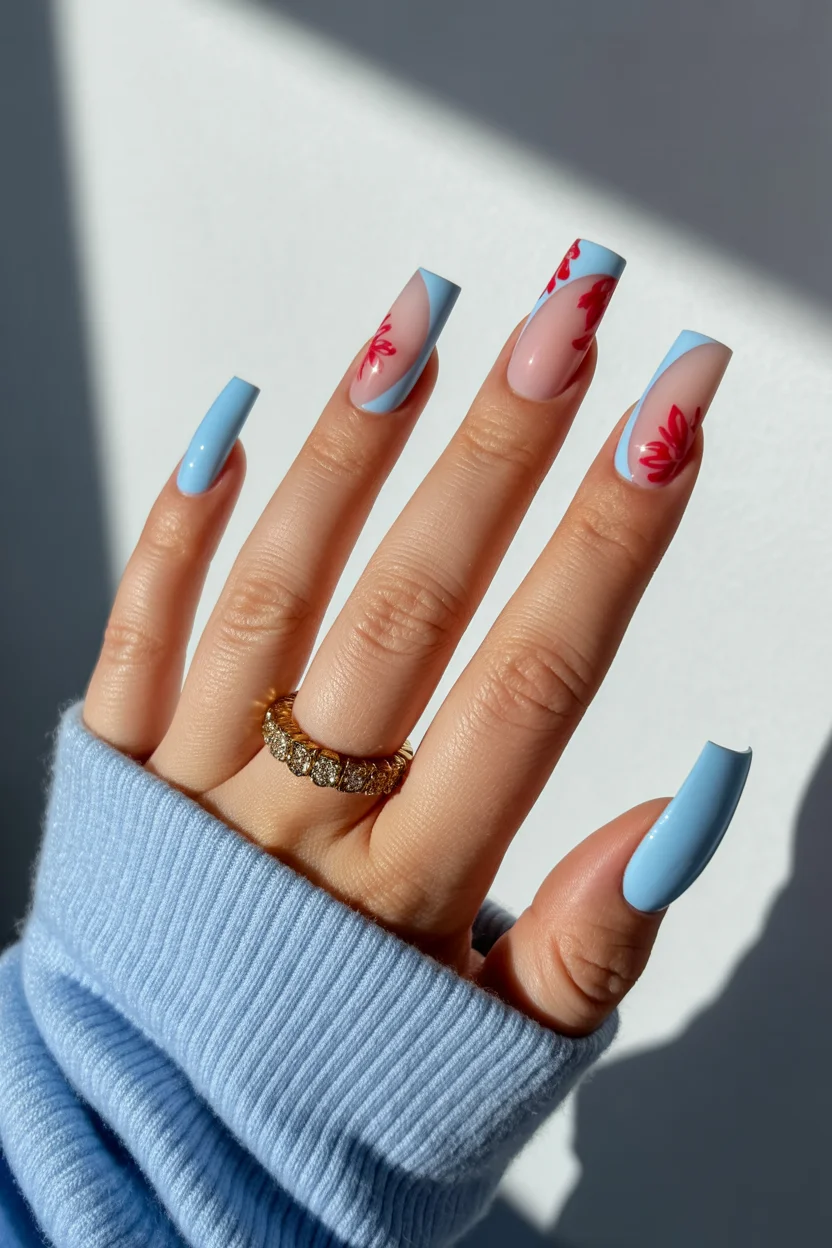 best spring nails square ideas 2026 sky blue french with red floral accent 36