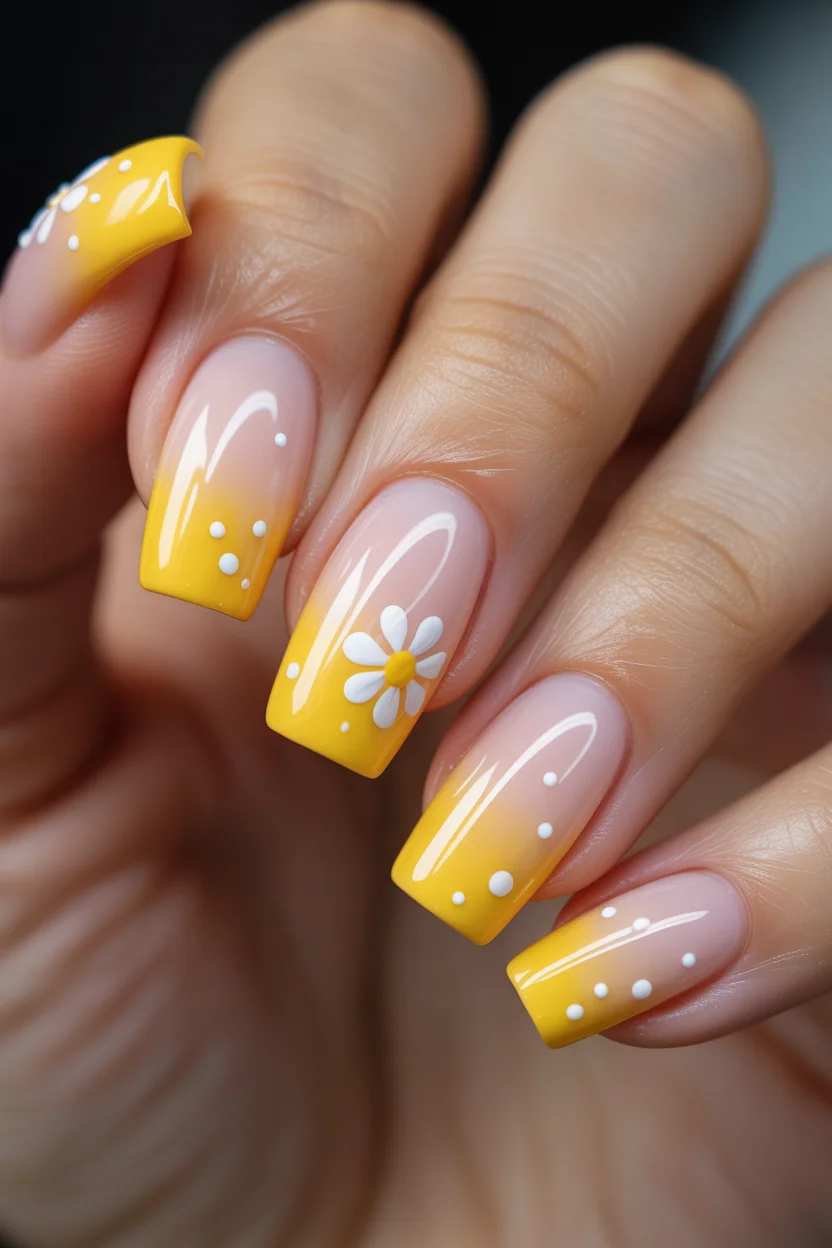 elegant spring floral nails 2026 golden ombre daisy fade in 00