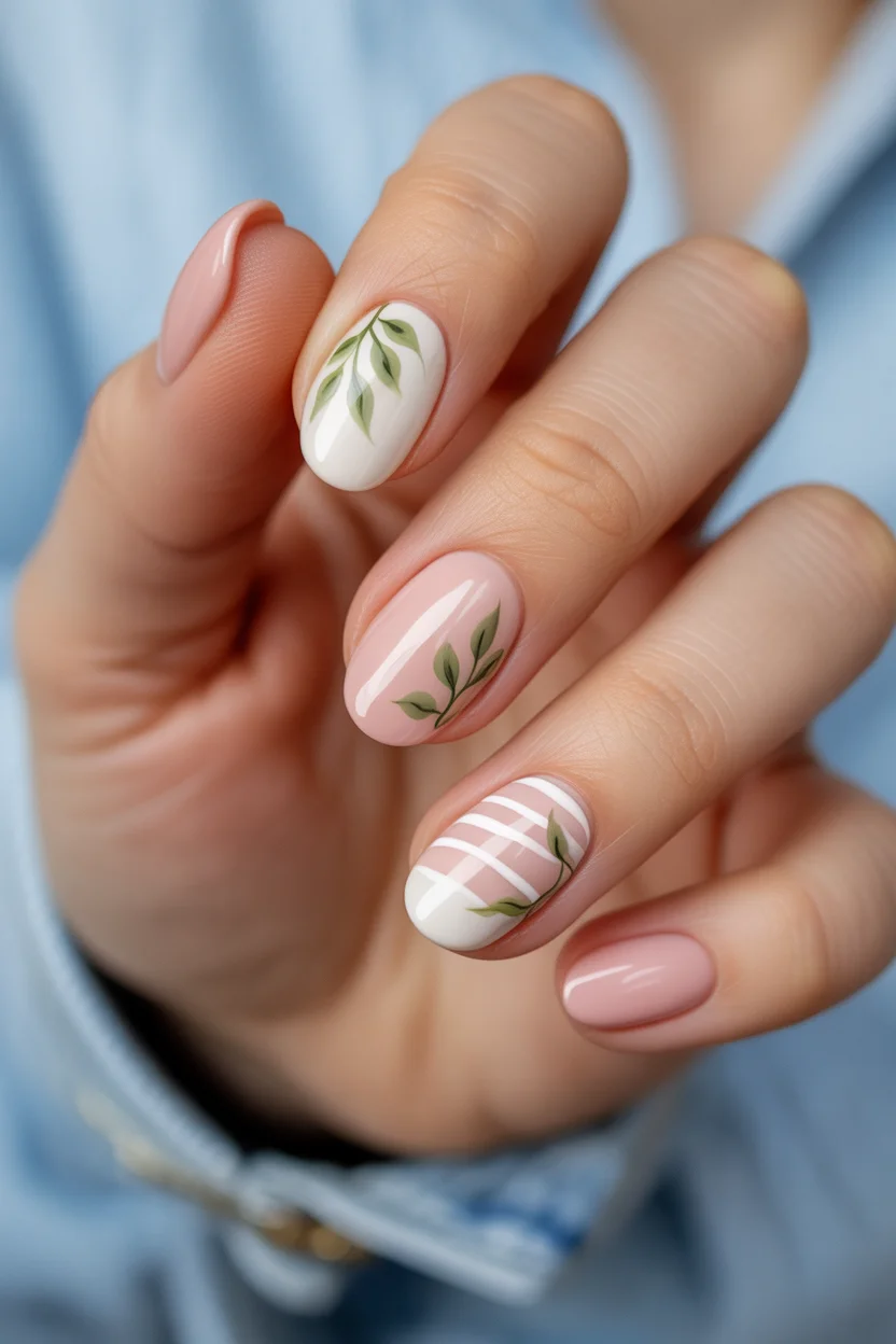 elegant spring floral nails 2026 nude pink leaf minimal in 00