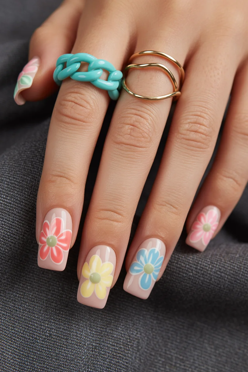 best spring nails square ideas 2026 nude base with raised pastel florals