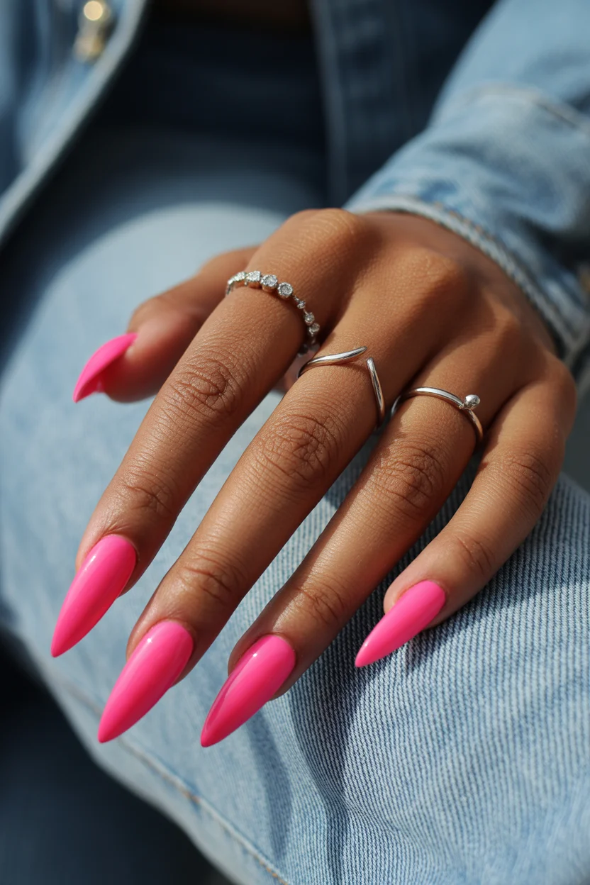 stylish spring hot pink nails 2026 bold stiletto design