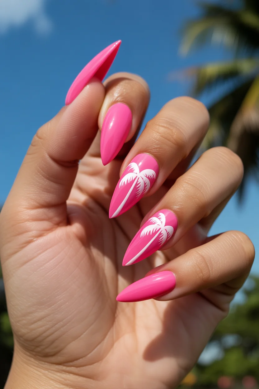 stylish spring hot pink nails 2026 tropical palm design 10