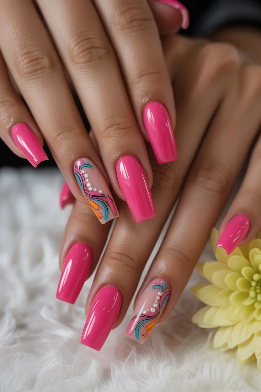 stylish spring hot pink nails 2026 artistic swirl design 11