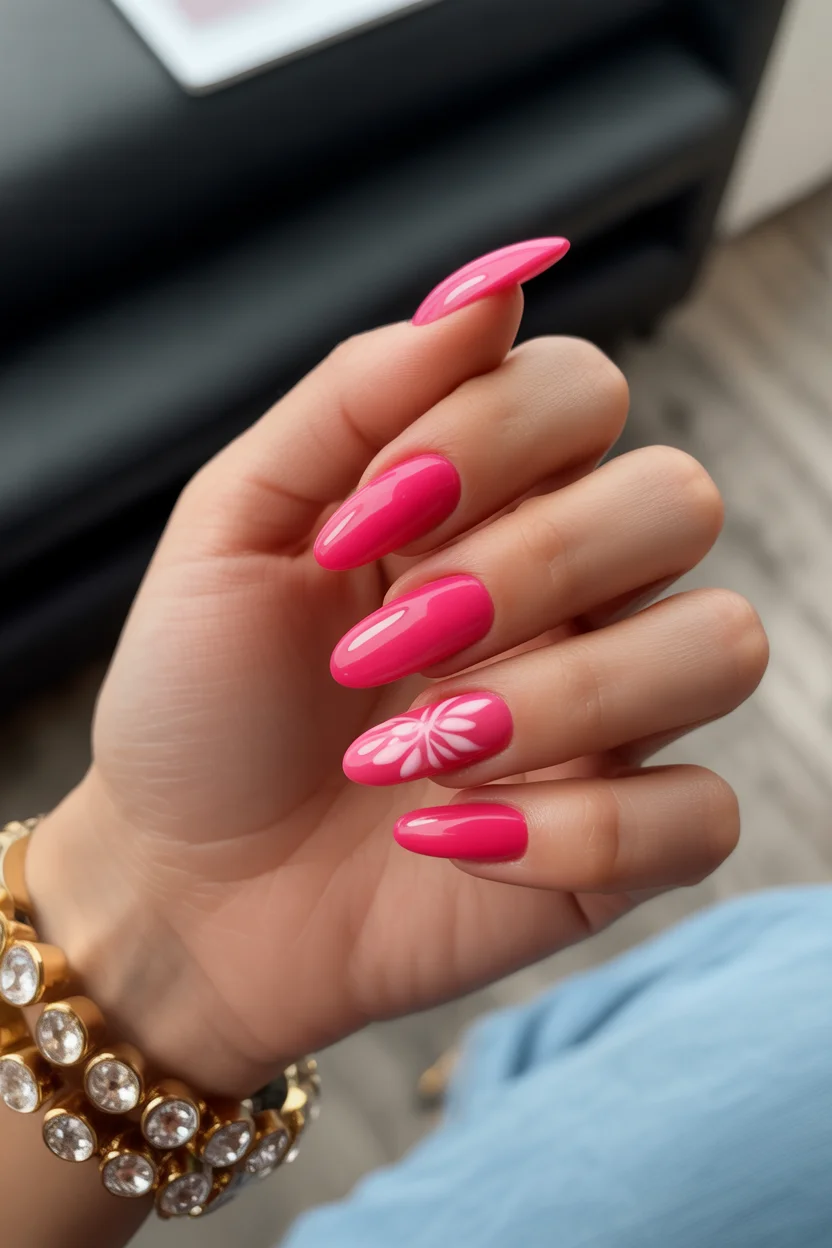 stylish spring hot pink nails 2026 minimal floral design 12