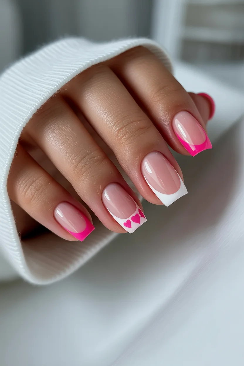 stylish spring hot pink nails 2026 heart french design 14