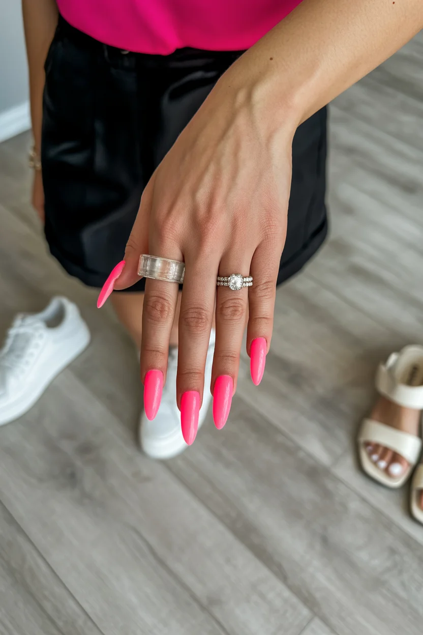 stylish spring hot pink nails 2026 classic stiletto design 15