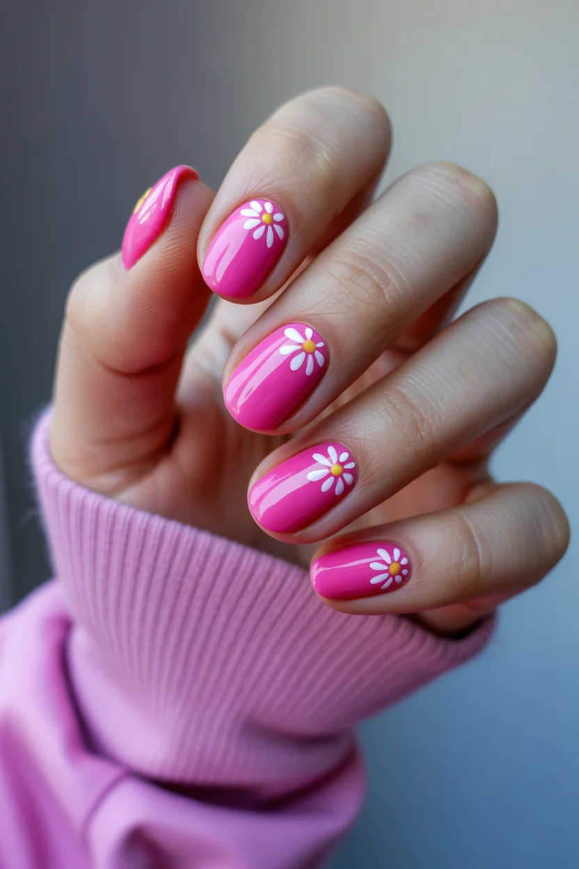 stylish spring hot pink nails 2026 daisy short manicure 16