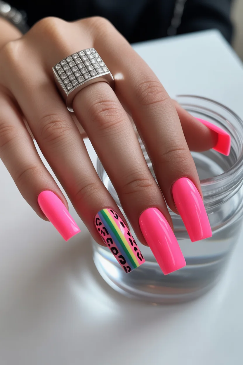 stylish spring hot pink nails 2026 rainbow accent coffin nails 17
