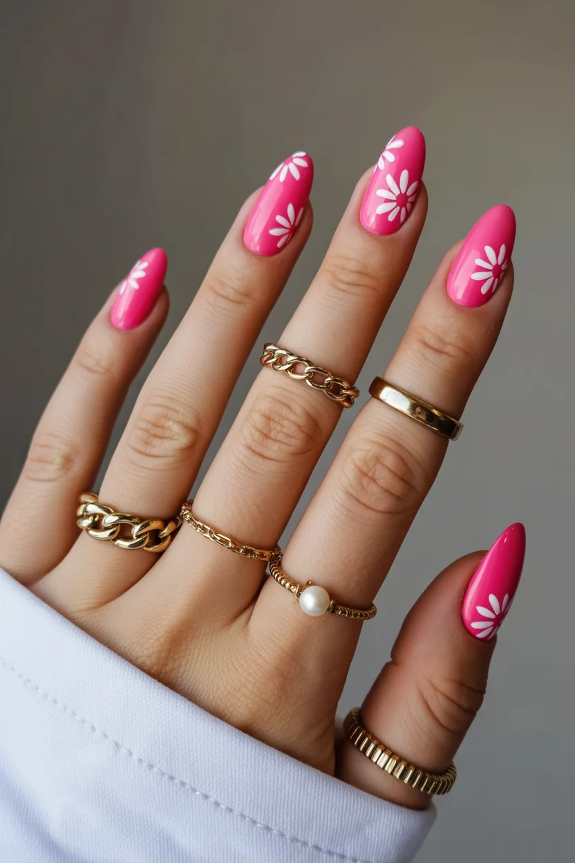 stylish spring hot pink nails 2026 almond daisy design 18