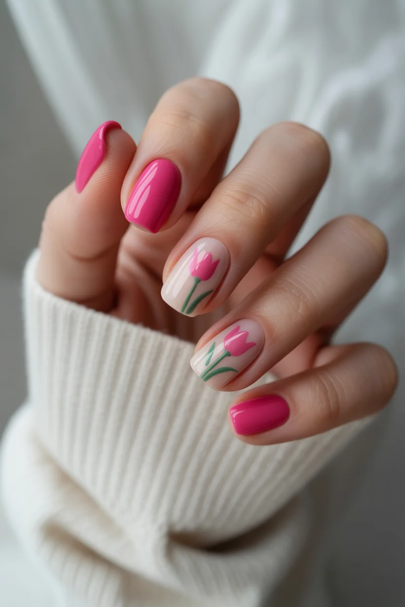 stylish spring hot pink nails 2026 tulip floral design 19