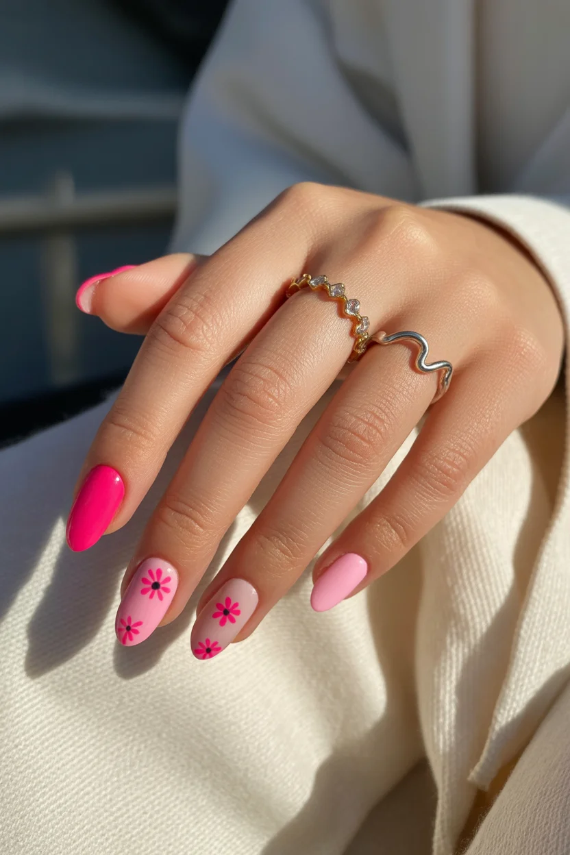 stylish spring hot pink nails 2026 floral accent design