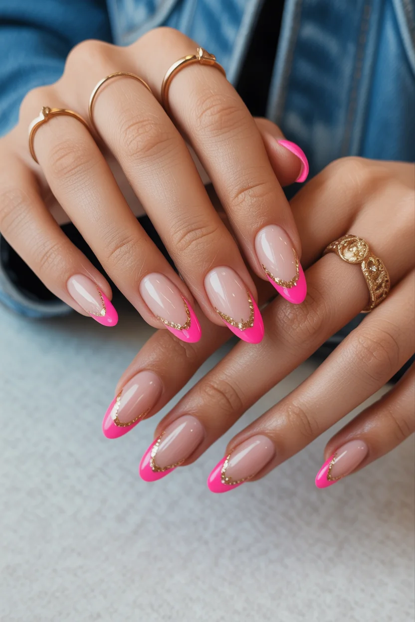 stylish spring hot pink nails 2026 almond french design