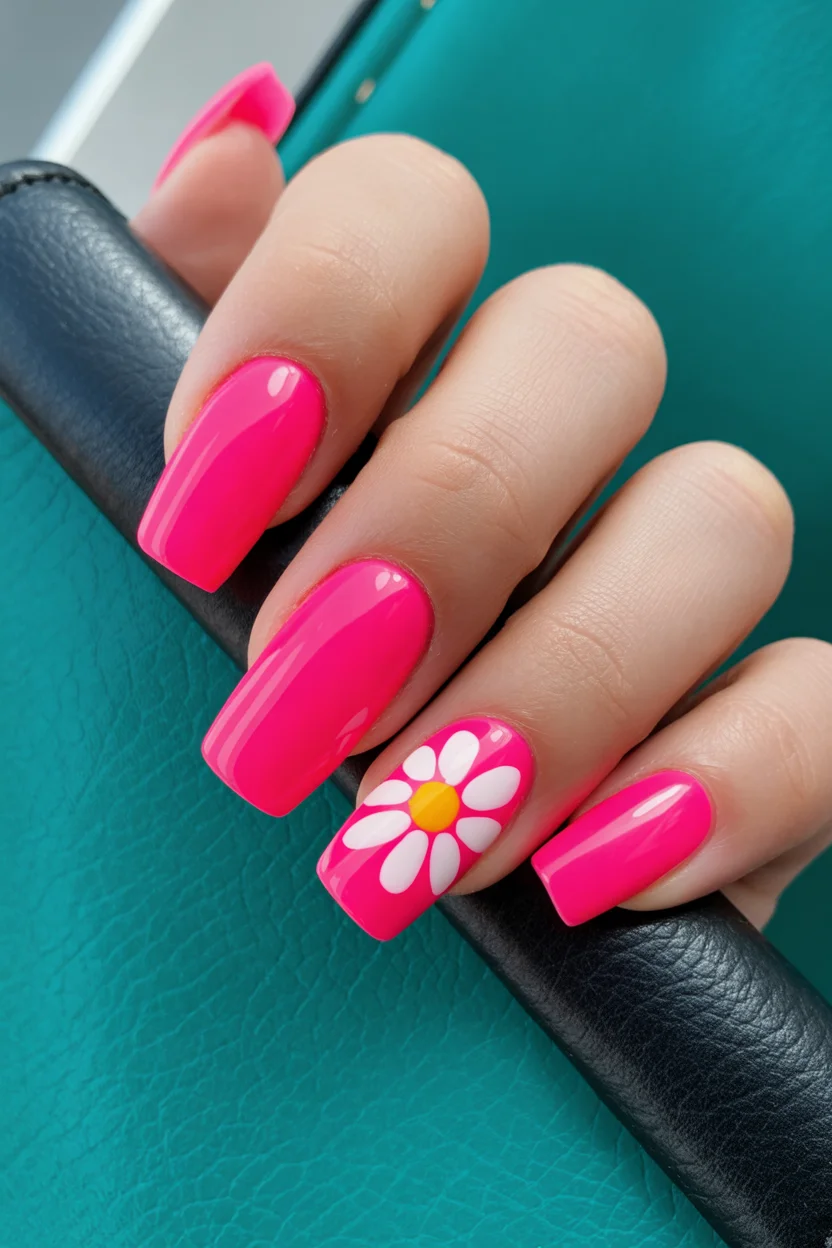 stylish spring hot pink nails 2026 daisy design 6