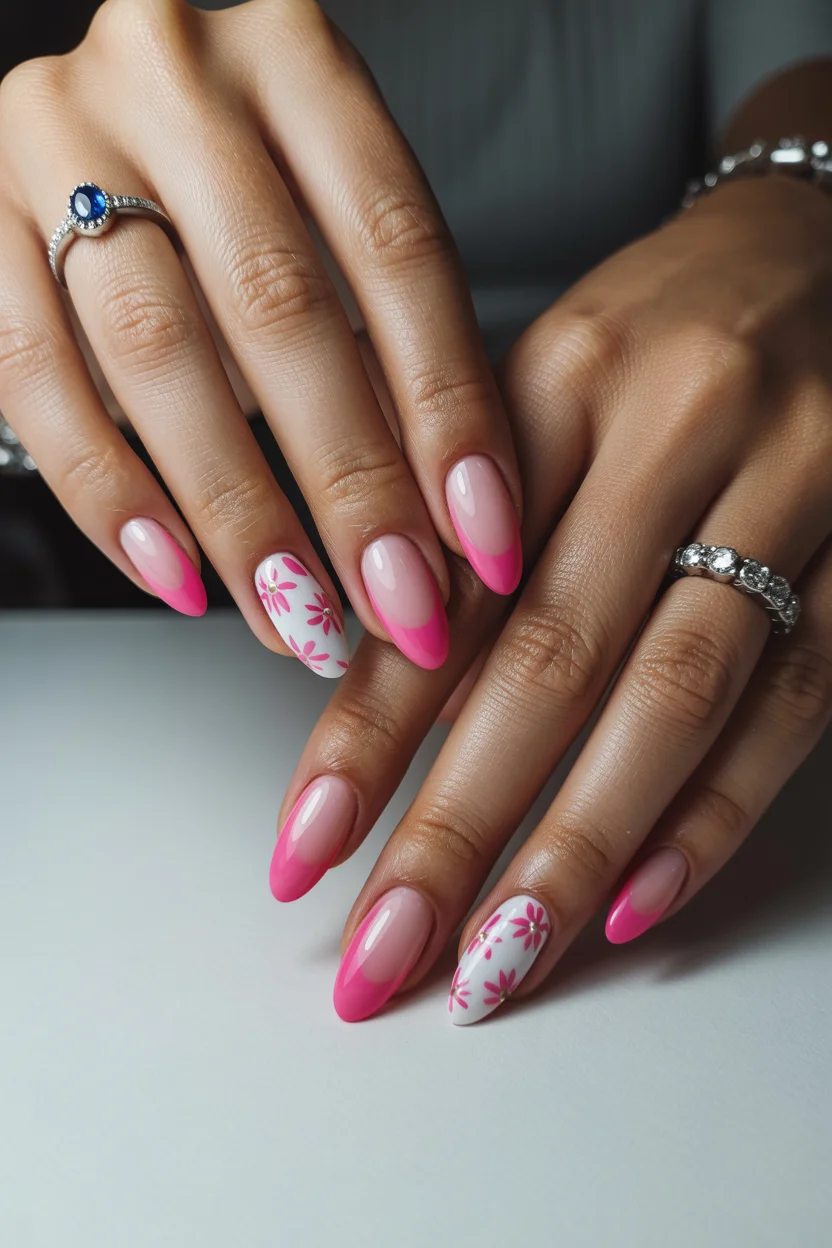 stylish spring hot pink nails 2026 floral french design 7