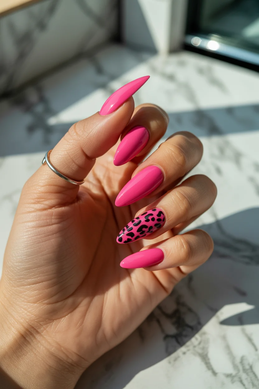 stylish spring hot pink nails 2026 leopard accent design 9